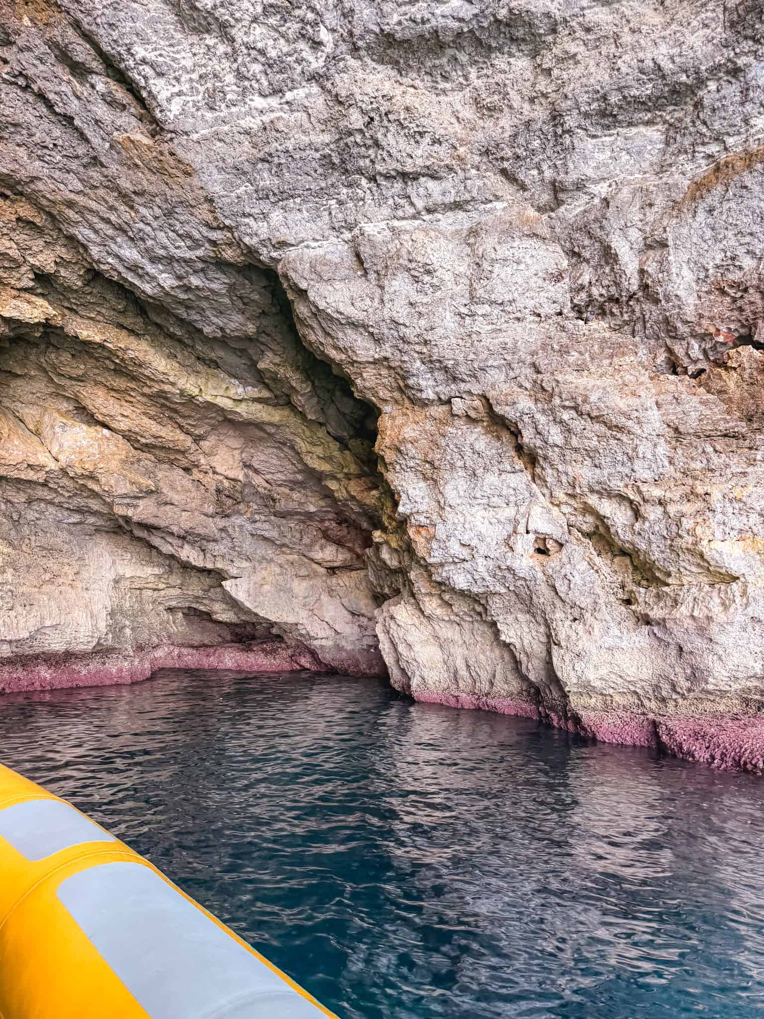 Close up of a sea cave wall with pink coralline algae along the waterline, a highlight of Mallorca's coastal caves.