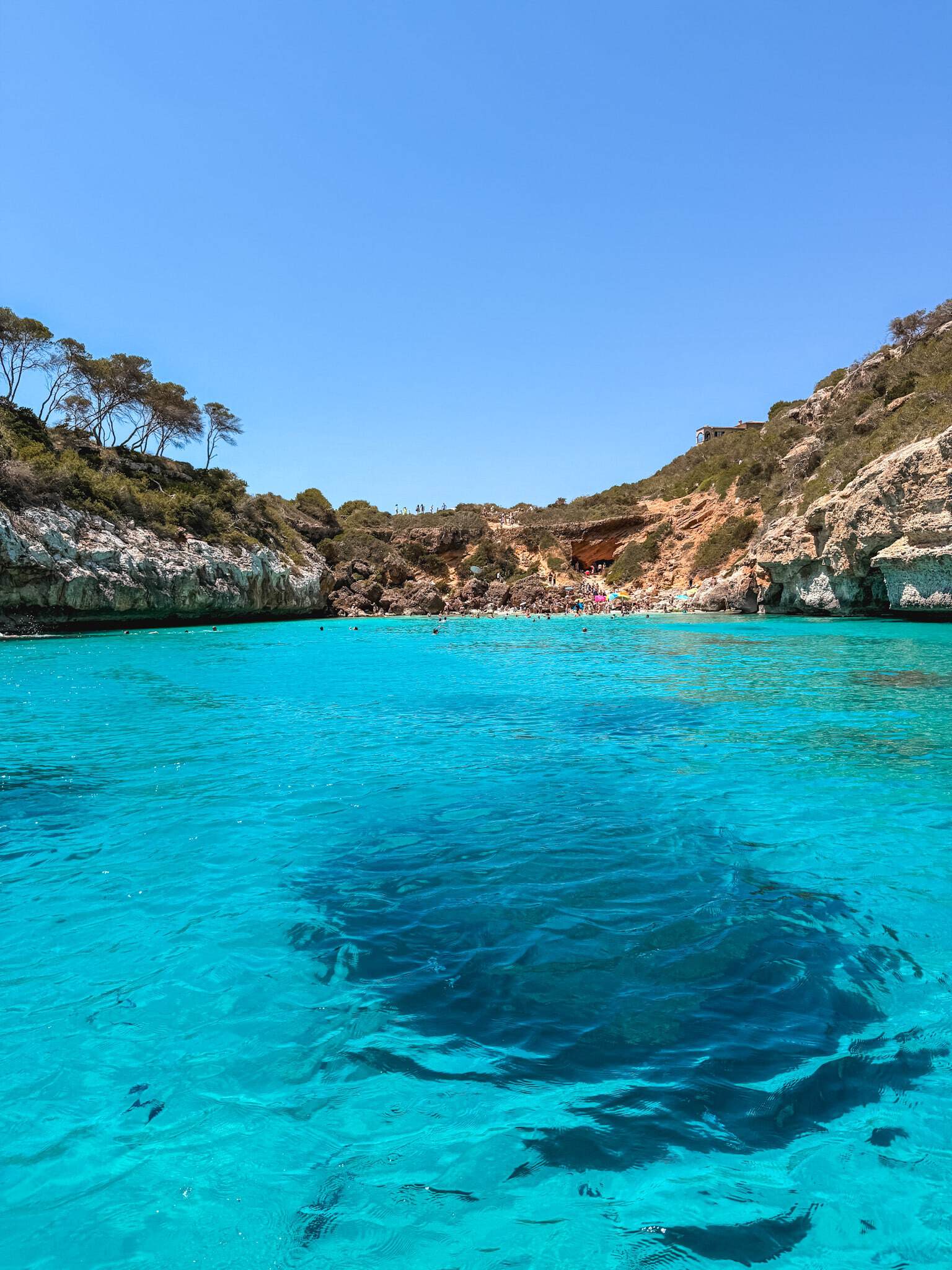 Crowded turquoise cove beach seen from the water, a popular swimming stop on Mallorca boat tours.