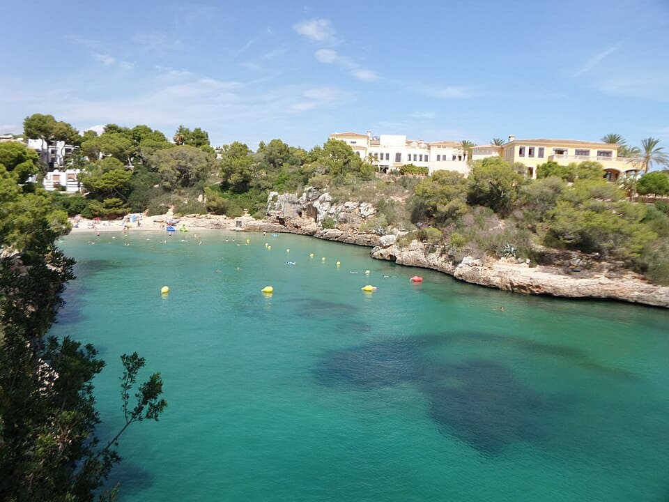 Cala Ferrera beach lined with pine trees and whitewashed villas above a green tinted bay
