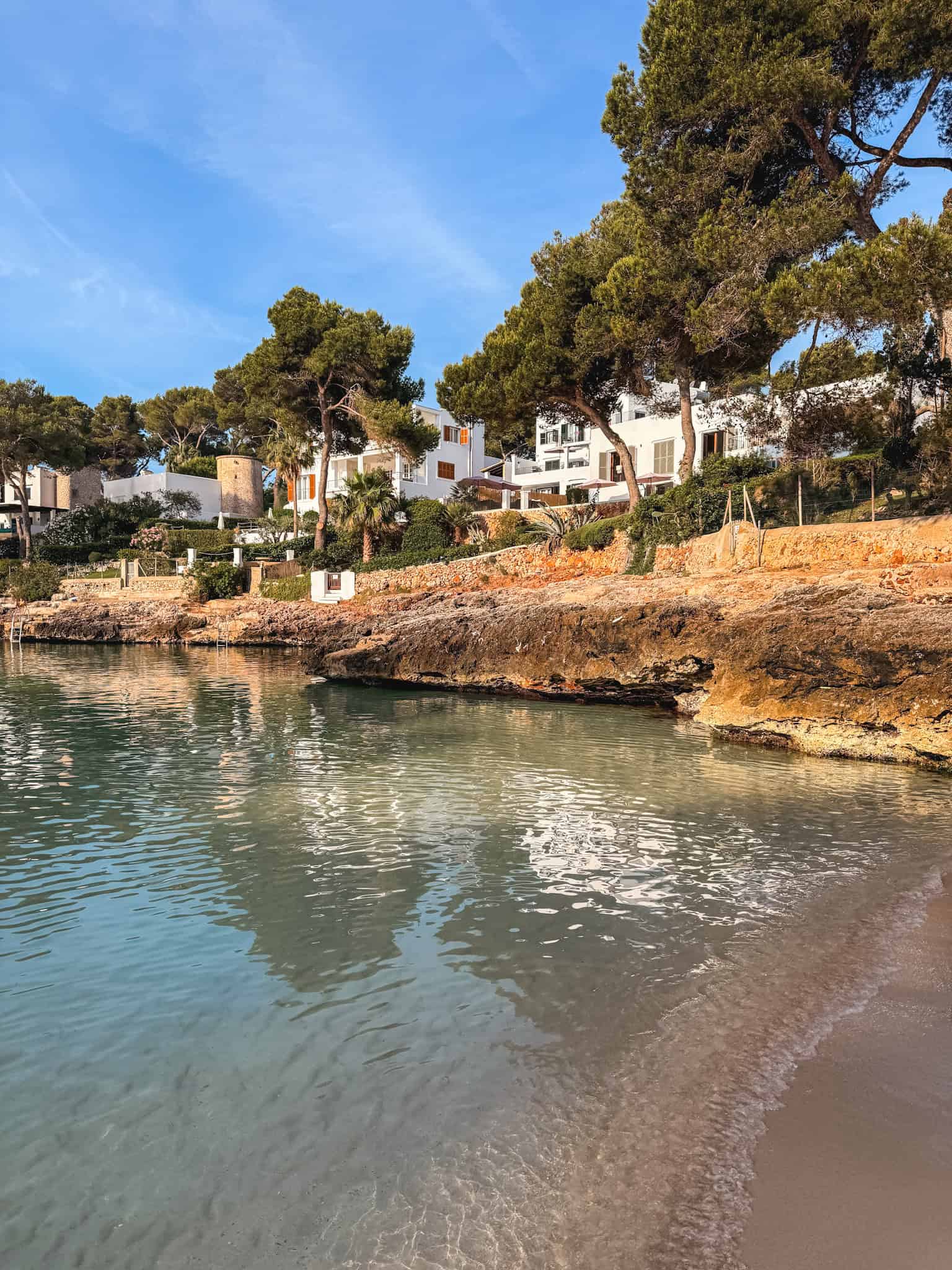 Cala d'Or shoreline with whitewashed villas and pine trees above a rocky, clear water inlet