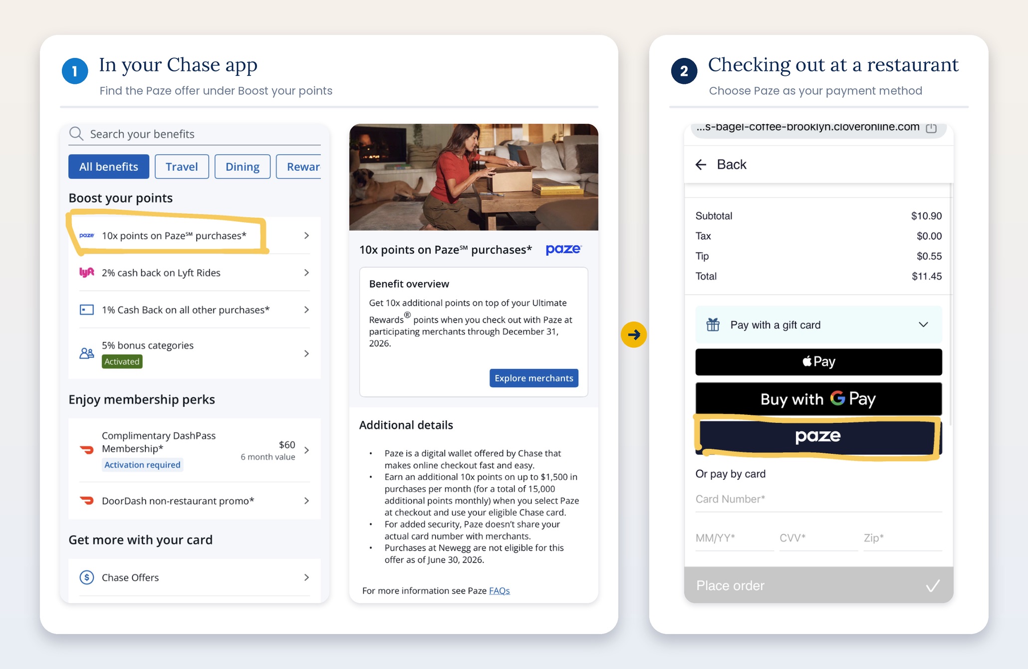 step by step for activating paze in chase and then checking out at a restaurant